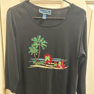 Karen Scott Black Holiday Top with Tropical Embroidery